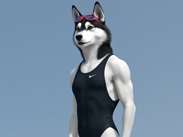 A tall and lean anthropomorphic Siberian husky with a long torso and broad shoulders wearing a high cut Nike one piece swimsuit and swimming goggles