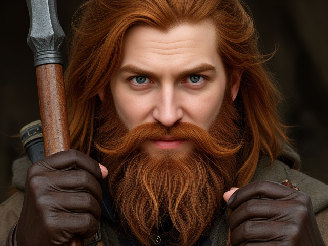 Warhammer RPG character portrait of a 25-year-old human witch hunter with long, fiery red hair and a rugged beard. His eyes are pale grey, conveying an intense yet friendly expression. He is dressed in detailed, weathered hunting attire, adorned with holders for stakes and other useful witch hunting items.  He holds a wooden stake confidently, ready for action, with leather gloves enhancing his grip