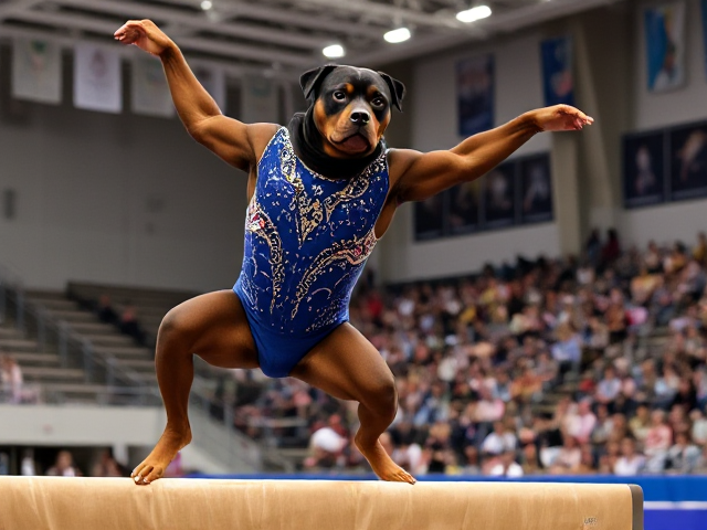 Anthropomorphic Rottweiler with a muscular build, wearing an intricately designed gymnastics leotard embellished with sparkling sequins and colorful patterns in shades of blue, gold, and red. The leotard fits perfectly against the dog's toned physique as it executes an impressive and complex routine on the balance beam, displaying a series of flips and pirouettes. The image captures the dog's exceptional agility and strength; its expressive eyes convey fierce determination and focus. The fur texture is rendered with lifelike realism, each strand visible with subtle highlights under the bright gymnasium lights. The well-lit gymnasium features an engaged audience, some capturing moments with cameras, seated in stadium-style seating extending into the background. Overhead, banners and flags from various countries add authenticity, while vibrant posters depicting gymnastics legends line the walls