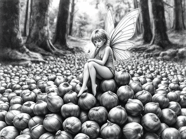 Fairy sitting on a pile of unshelled hazelnuts in an Enchanting, Victorian, Fairy Tale, Art style