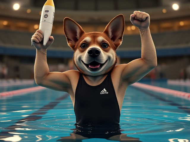An anthropomorphic dog wearing an Adidas swim suit in an Olympic pool triumphantly holding up a New Shepard rocket.