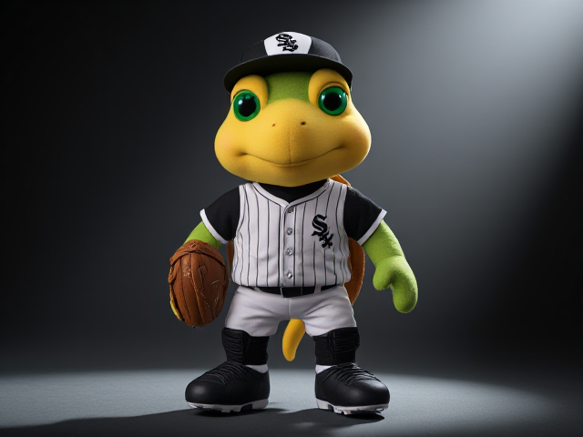 An athletic stuffed animal turtle green eyed wearing a white Sox uniform black jersey white pants black socks black cleats wearing leg guards wearing a catchers mitt smiling