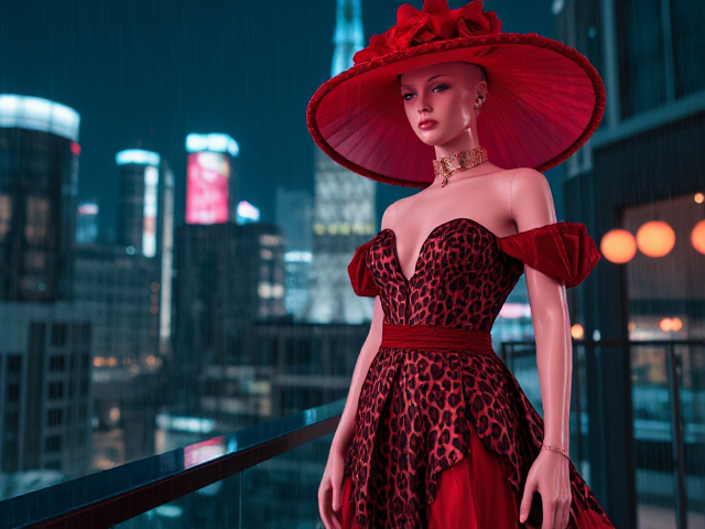 Mannequin with a cheetah print and red rococo style dress