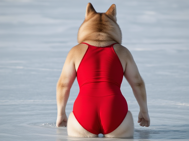 Anthropomorphic Alaskan malamute red lifeguard one piece swimsuit ice bath