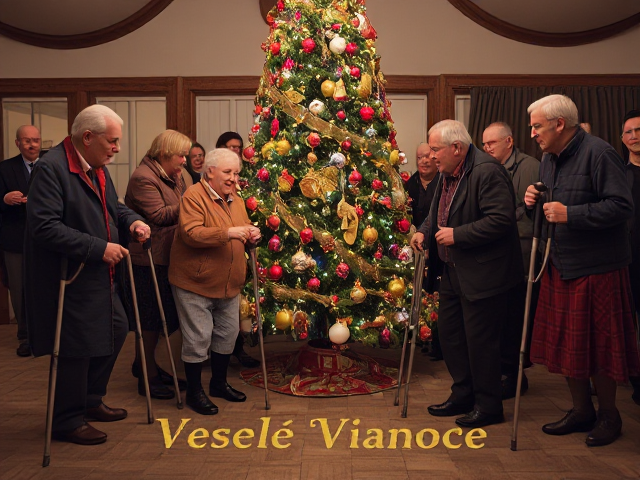 , old men and women with crutches and walkers dancing around a decorated tree, with an inscription , Veselé Vianoce