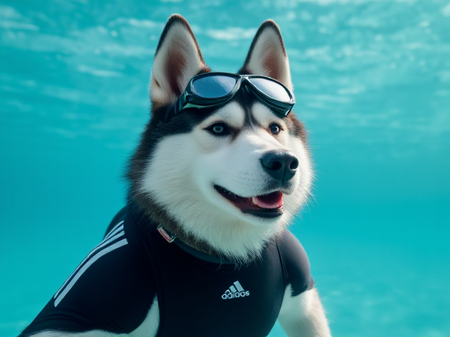 A anthropomorphic Siberian husky wearing an adidas swimsuit and Freediving goggles