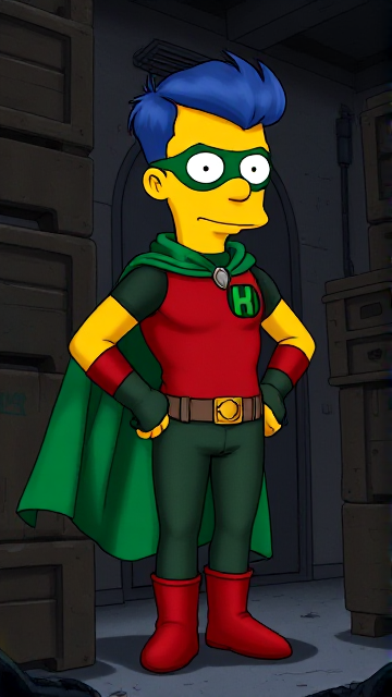 Dark and Dramatic Cartoon scene: Milhouse Van Houten from The Simpsons, with his yellow skin, really big round nose, and blue hair that's slicked back and curled up at the top, but as a tall, 18-year old teenager, dressed as a parody of Robin, The Boy Wonder, with an extremely muscular body, a dark green bodysuit with a red torso adorned with a green H symbol on his chest, a grey utility belt, red boots, red long-cuffed gloves, a big, heel-length long, ultra-wide green cape wreathed around his neck held up by a silver triangular button, and a green eye mask with optical lenses in it, now known as Houseboy, The Nerd Wonder, the other half of Springfield's Dynamic Duo, and one of the greatest vigilante superheroes ever known in Springfield. He is currently hiding behind a large stack of crates in a dark factory, beginning his infiltration into a villain's lair.
