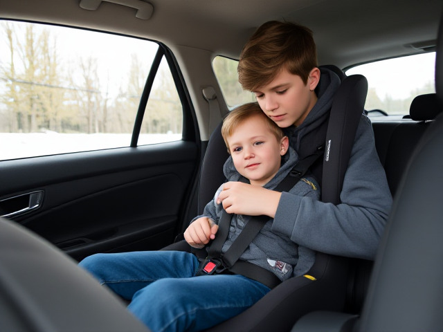teenage boy in a hoodie and jeans tightening the straps of child car seat on his 11 year old little brother