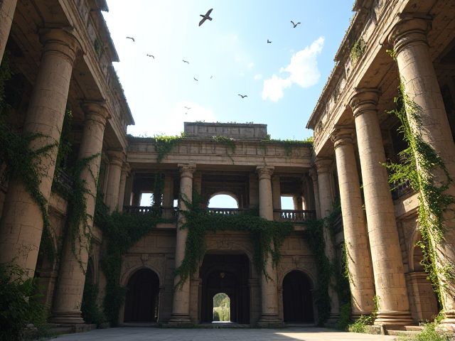 "Generate an ancient courtyard with tall stone pillars, archways, and walls overtaken by vines and greenery. The scene should feel like an abandoned temple, with sunlight filtering through an open sky. There should be a mix of architectural grandeur and natural overgrowth, with symmetrical arches and stone structures. Birds flying in the sky, creeping vines, and soft shadows create an atmosphere of mystery and adventure. The focus is on the detailed background, without any people, allowing the space to feel immersive and ancient."