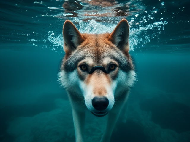 A Wolf swimming underwater wearing swimming goggles