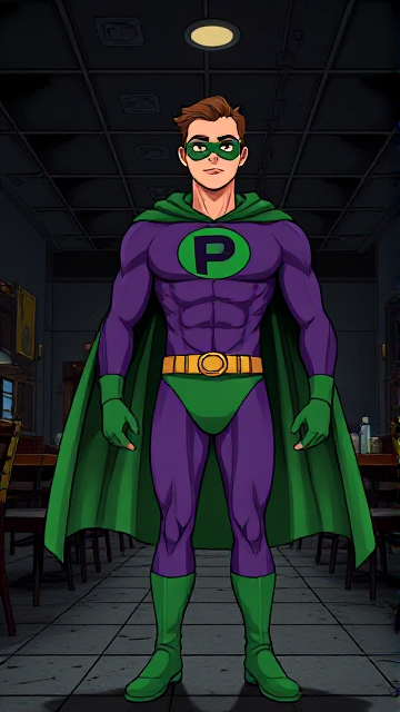 Dramatic Comic Book Cartoon scene: A young, Autistic 25-year old boy with light skin and flat, smooth, and slick brown hair with a singular curled bang in the shape of a P sticking out at the front named T.J. Granger, but transformed into a genetically-altered superhero named Powerman, who, despite still being a young adult kid, has an extremely muscular body. He wears a sleek purple bodysuit with a green P symbol on his chest, a golden belt with a circular buckle, green briefs, green boots, green long-cuffed gloves, a really big, toe-length long, ultra-wide green cape wreathed around his neck, and a green eye mask that protects his true identity. He also has incredible and invincible superpowers flowing through his veins. In this scene, Powerman is currently standing in a dark, abandoned restaurant at night by himself, intently awaiting the arrival of someone he knows.