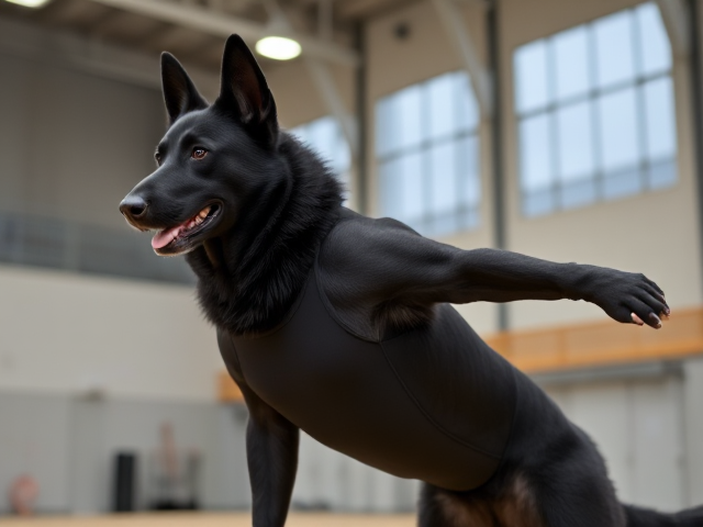 Anthropomorphic black German shepherd with broad shoulders, wearing a gymnastics leotard, inside a gymnasium, dynamic pose