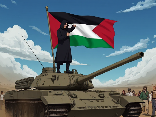 Accurate Palestinian Flag being waved by a hooded figure on top of an enemy destroyed tank as he is followed by the people of Palestine as a guardian after they have been surviving the attacks they are under. Animated in the style of the anime Naruto