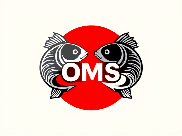 Minimalistic japanese themed logo with two fish and the letters "OMS" hidden within the fish, The letters "OMS" must be cleverly hidden into the fish