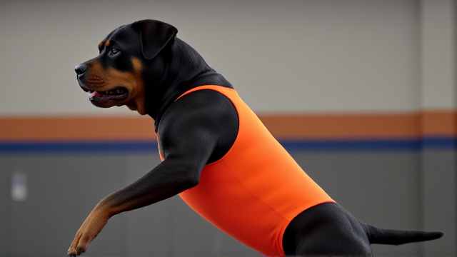 Anthropomorphic Rottweiler wearing a vibrant gymnastics leotard, posing dynamically in a gym setting, detailed fur texture and realistic lighting