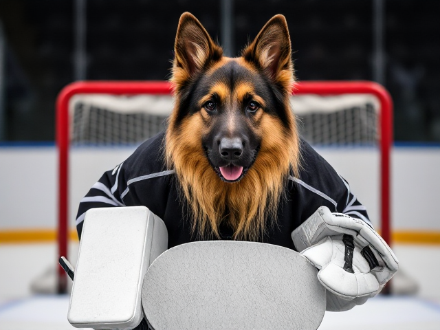 A anthropomorphic long haired German shepherd wearing hockey goalie pads glove and blocker