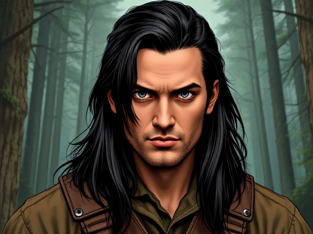 Warhammer RPG character portrait of a 25-year-old human hunter. He has long, slicked-back black hair with a slightly greasy, unkempt look. His eyes are pale grey, and his expression is intense and focused. He's dressed in rugged hunting attire, set against a dense forest background