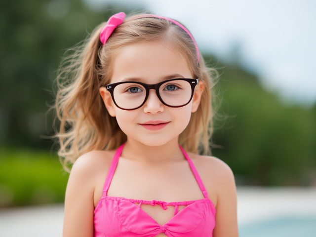 Glasses Little girl in a pink bikini