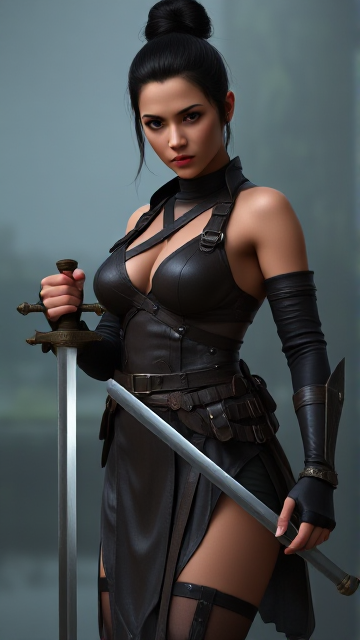 A fantasy-themed female character standing against a misty background. She is adorned in a unique, strappy outfit that appears to be made of leather or a similar material. The outfit is intricately designed with multiple buckles and straps. The character wields a long, sharp sword in her right hand, which she holds in a defensive or ready stance. Her dark hair is tied up in a bun, and her facial expression is one of determination. The overall ambiance of the image is mysterious and intense, suggesting that the character might be a warrior or a guardian of some sort.
