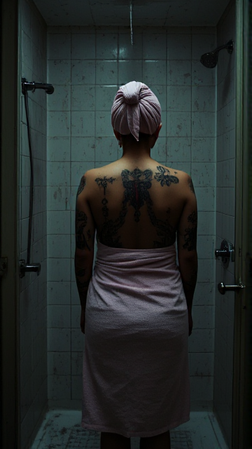 A scary scene from a horror movie takes place in the bathroom of an abandoned and dilapidated hotel, the tiled walls are covered in grime and damaged, the paint is peeling. A woman with numerous religious tattoos and wrapped in a pale pink bath towel stands in the shower, her posture expressing both vulnerability and strength. The grime-covered shower walls and the dilapidated state of the hotel create an eerie and mysterious atmosphere. The contrast between the woman's presence and the ruined surroundings adds to the haunting and suspenseful mood of the image. The woman is seen from behind. The camera is behind the lock of the door as if the viewer's gaze is spying on her.