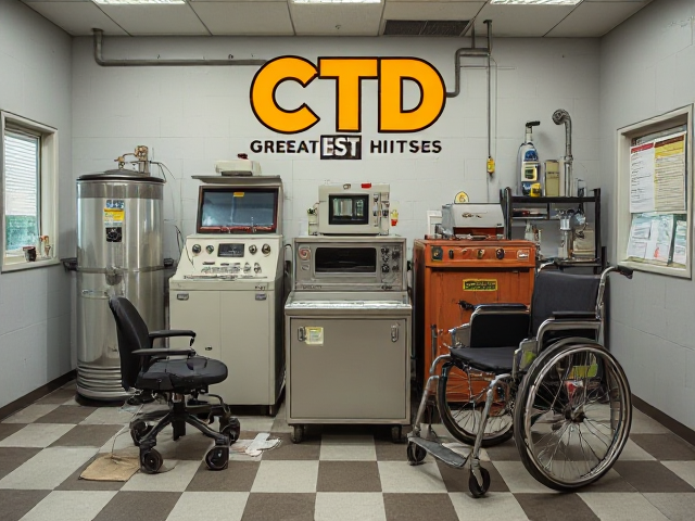 Joke album cover art, album is called CTD GREATEST HITS. On the cover should be old laboratory equipment, carbon fiber tanks, nuclear blasts, wheelchairs, NCR reports should be present. pop punk style