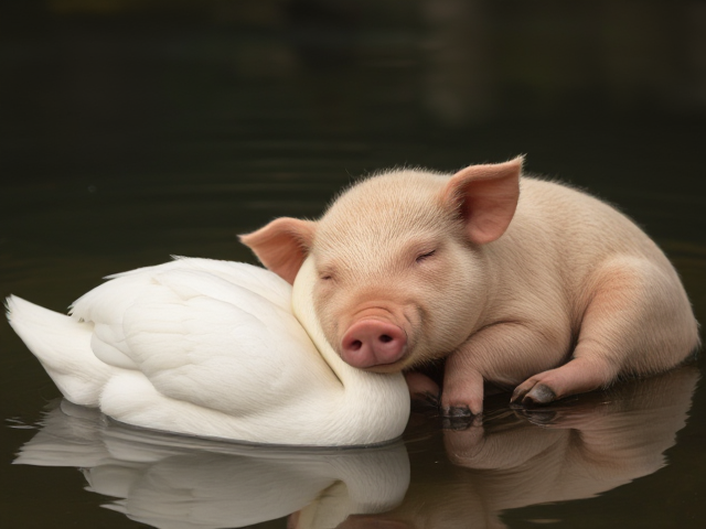 A cute pig and swan sleeping