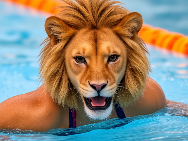 A anthropomorphic female lion Olympic swimmer