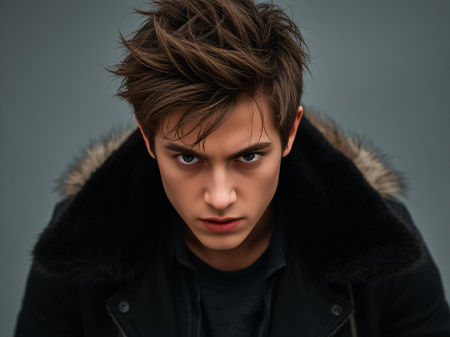 Create a young man with an angry, straight posture looking at the viwers with intense expression, leaning his head forward slightly. Give him messy, spiky hair and a dark jacket with a fur collar to make him look rough and edgy.