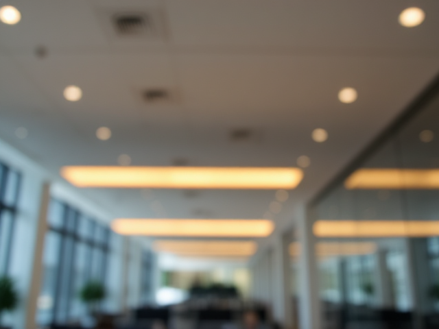 Create a blurred corporate office setting as the background. The scene should have ceiling lights and structural details, such as walls and windows, but everything should appear slightly out of focus. Add a soft golden glow across the top portion to give it a warm, professional feel. The overall ambiance should reflect a luxurious yet formal workspace environment.
