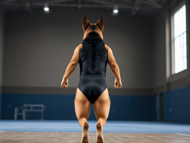 Anthropomorphic German shepherd, athletic build, wearing a gymnastics leotard, performing in a gymnasium with strong lighting and detailed background