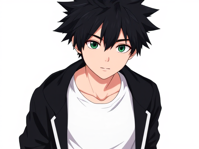 My hero academia inspired styled OC. Black spikey hair. Around 14. Wears a white T-shirt with a black jacket. 3/4 view. Green or grey eyes. Full head in view. Half body shot.