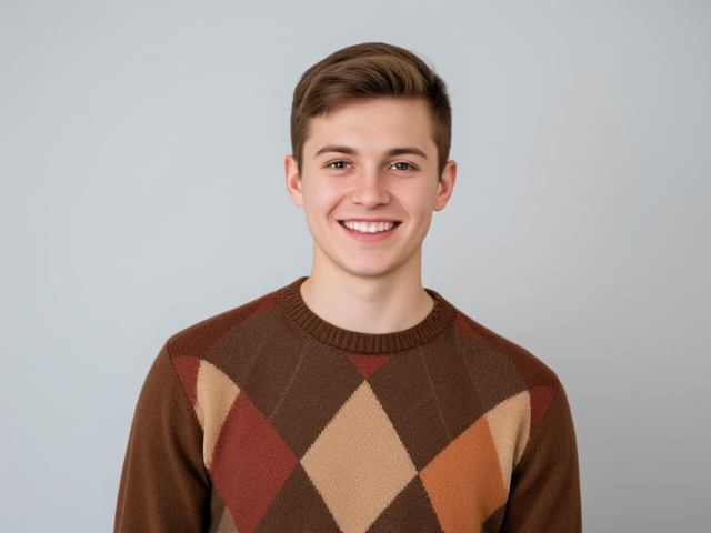 Clean cut, short haired nerdy twenty-something wearing a brown and tan argyle sweater and smiling at the viewer