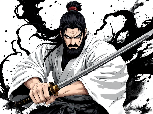 a dynamic, anime-style illustration of a fierce samurai warrior. The warrior should have a focused, intense expression, with long dark hair tied back, a rugged beard, and a traditional white samurai robe that's slightly tattered. His hand grips a katana with the blade drawn downward. Black, inky tendrils swirl around him, adding a sense of dark, chaotic energy. The background should be minimal to keep focus on the samurai, with brushstroke-style effects and splashes that enhance the dramatic, intense atmosphere. The art style should have rough, bold lines and a monochromatic colour palette with high contrast.
