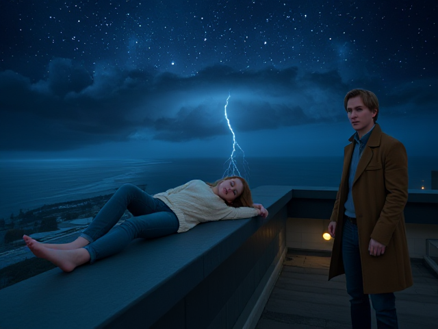 A petite 12-year-old girl with strawberry blonde hair, wearing a cozy pullover and jeans, is lying on the roof ledge of a night club. She is on her back, gazing up at the night sky filled with stars. Next to her on the roof, standing nearby is a modern-day, pale skinned vampire in his late twenties, with striking blonde hair, dressed in a brown trench coat and jeans. He appears uneasy as he looks downward. A thunderstorm approaches from the nearby sea shore.