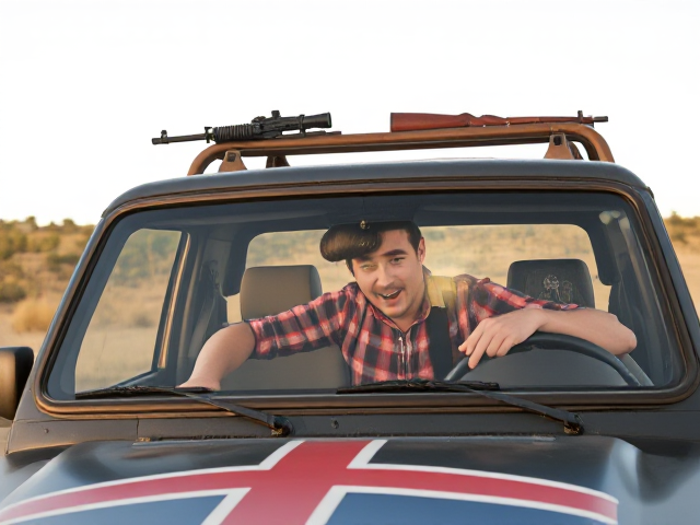 A quintessential Australian bogan male with a flannelette shirt who has a mullet hairstyle who is driving a four wheel drive and has guns on the roof of the car and a southern Cross painting on the bonnet of the car.