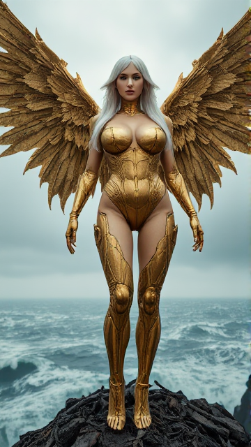 Une image cinématographique en contre plongée dans le style dark fantasy. Une femme ange cyborg aux traits métalliques dorés détaillées qui scintille d'une beauté envoûtante. l'ange déchu aux long cheveux blancs, voluptueuse, taille fine, grosse poitrine, longues jambes et à la peau claire a Ses ailes partiellement endommagées qui se profilent derrière elle, projetant des ombres sur son visage. Sa peau et ses éléments mécaniques fusionnent comme des coulées de métal fondus renforçant les formes de son corps parfait. Elle se tient triomphalement au sommet d'une falaise sur un tas d'adversaires vaincus. La mer et le ciel tumultueux en arrière-plan créent une ambiance intense et orageuse. Un éclairage doux et éthéré met en valeur l'angoisse et la force inhérentes de son visage.
