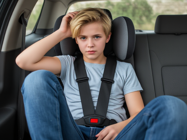 A feminine frustrated skinny teenage boy sitting in a back seat booster seat. 5 point harness with red button buckle. Wavey blonde hair. jeans