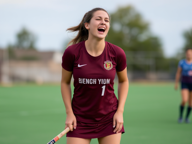 beautiful adult woman field hockey player with great calf muscles in burgundy uniform howling in hysterical laughter on a playing field