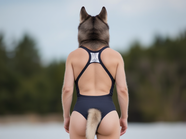 A anthropomorphic Siberian husky wearing a sportback swimsuit