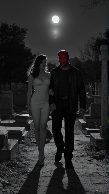 une photo très ancienne en noir et blanc représentant Hellboy (coloré) se promenant main dans la main avec la magnifique Elvira dans un cimetière. l'amour entre les personnages apporte du bonheur au milieu du cimetière lugubre et abandonné. la pleine lune en arrière plan met en valeur leurs silhouettes.
seul Hellboy est en couleur contrastant avec l'image en noir et blanc