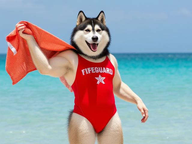 A tall anthropomorphic alaskan malamute wearing a red lifeguard one piece swimsuit drying off with a towel