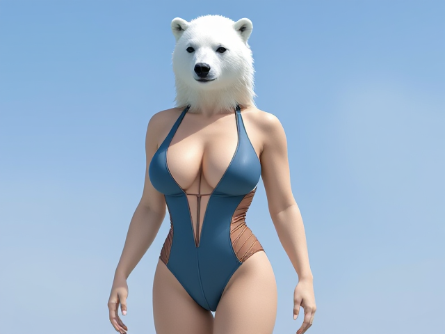 A anthropomorphic female polar bear wearing a high cut one piece swimsuit