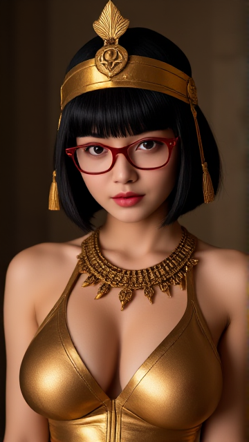 (1girl, solo, alone), (WakatsukiRisa, Sarada Uchiha, black hair, short hair, black eyes, red glasses), ((solo, (1woman, (small bust) pink lipstick, black eyes), Extremely detailed, ambient soft lighting, 4k, perfect eyes, a perfect face, perfect lighting, a 1girl)), ((fitness, muscular, shapely body, athletic body, toned body)) ,, a woman in a gold costume and headpiece posing for a picture, wearing an egyptian crown, egyptian clothes, cleopatra, beautiful cleopatra, egyptian clothing, egyptian princess, egyptian, pharaoh clothes, salma hayek as a barbarian, shanina shaik as medusa, goddess queen, wears the ankh symbol, wears a egyptian ankh necklace, kemetic