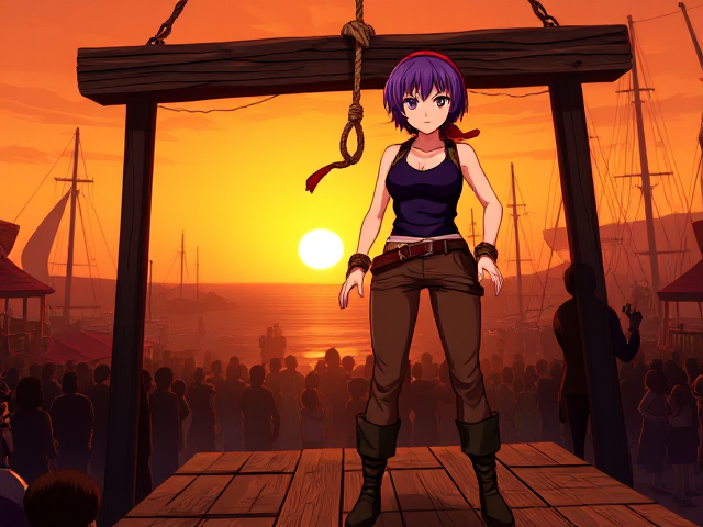A defiant anime pirate girl with vibrant purple short hair, tied back with a matching hair band, and a red scarf fluttering in the breeze. She's dressed in brown pants and a tight-fitted black sleeveless vest adorned with gleaming golden trims, which reveals a simple yet powerful purple tank top underneath. Her wrists are bound behind her back with rough ropes, a noose of the same color menacingly circling her neck. She stands tall on an elevated wooden platform that creaks beneath her boots, her eyes flashing with a fiery determination as she confronts the fate about to befall her. The setting is a bustling pirate town at sunset, with an orange hue painting the sky and casting long shadows across the scene. The townsfolk have gathered below, their silhouettes a mix of shock and excitement against the backdrop of colorful buildings and swaying ship masts. The platform itself is aged and weathered, a testament to the countless dramas it has witnessed, with a thick wooden beam looming ominously above, ready to serve its grim purpose. The atmosphere is tense as the crowd holds their collective breath, anticipating the final moments before the plank beneath her gives way to the unknown depths below. Her captors stand off to the side, their faces shrouded in darkness, allowing the focus to remain on the heroine and her impending execution. The scene is steeped in the rich aesthetics of the anime style, with bold lines and exaggerated expressions bringing to life the tension and emotion of the moment, all under the warm, foreboding glow of the setting sun.