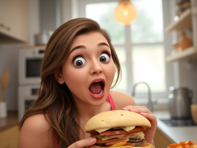 create a hi res photorealistic photo of an attractive women in the kitchen. her eyes and mouth are wide open in excitement like she cant believe what she is about to eat. she is looking at the camera. no food in photo.