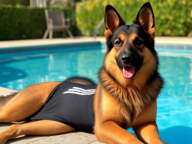 A anthropomorphic long haired German shepherd with a long torso and broad shoulders wearing a adidas bathing suit while lying on her back next to a swimming pool