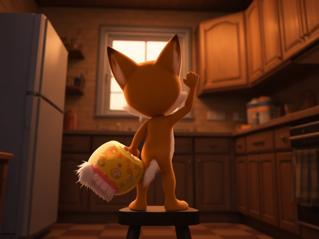A very cute and young back shot of Miles Tails Prower, the Two-Tailed fox, in the cozy kitchen of a house late at night. The warm glow of the dim kitchen lights casts gentle shadows, highlighting the rustic wooden cabinets and checkered floor. He is standing on a step stool with his tails swishing slightly, reaching up to steal some cookies out of a colorful cookie jar adorned with cartoon characters. Tails has a shocked expression on his face as he realizes he got caught, with some cookie crumbs on his face and a half-eaten cookie in one hand. The scene captures the innocence and mischievousness of childhood.