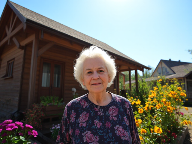 Une vieille dame devant sa maison en bois, avec des fleurs colorées autour, un sourire chaleureux et un ciel bleu clair en arrière-plan, la lumière du soleil illuminant la scène