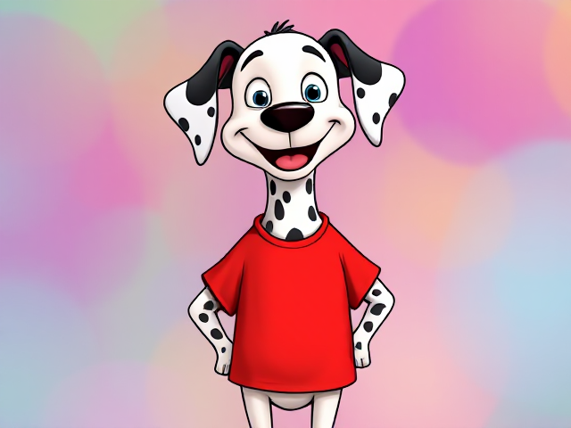 Cartoon dalmatian dog with a joyful expression, wearing a bright red T-shirt, standing confidently, no pants, colorful background