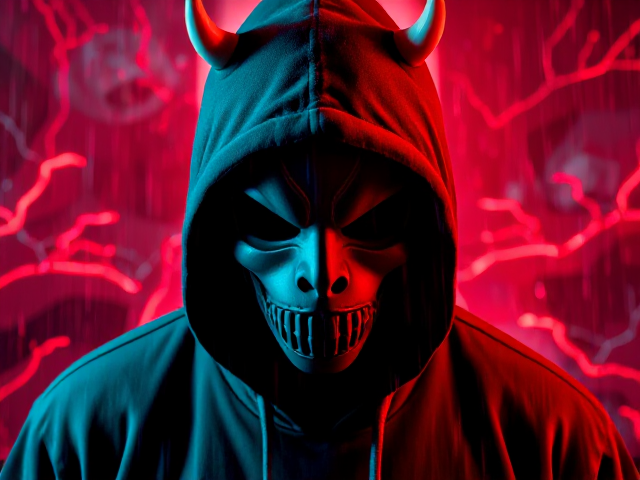 A hooded  wearing an Oni Masks close to their face. Neon lighting in shades of red and turquoise adds a vivid, cyberpunk aesthetic to the scene. The background features dynamic, abstract patterns and splashes of glowing, energetic lines, enhancing the fierce and mysterious atmosphere. Rain effects add to the dramatic tone, with raindrops cutting through the vibrant lighting.